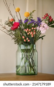 Bouqet Of Flowers: Carnation, Gerbera, сraspedia Globosa, Ardisia, Dry Plants, Green Branches