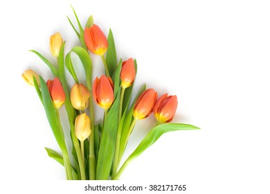 Bouqet of orange and yellow tulips isolated on white background