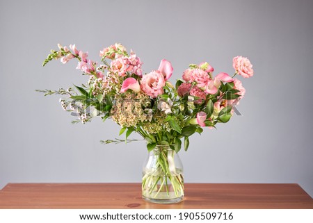 Bouquet 001. Finished flower arrangement in a vase for home. Flowers bunch, set for interior. Fresh cut flowers for decoration home. European floral shop. Delivery fresh cut flower.
