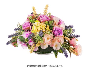 Bouquet From Artificial Flowers Arrangement Centerpiece In Glass Vase Isolated On White Background.