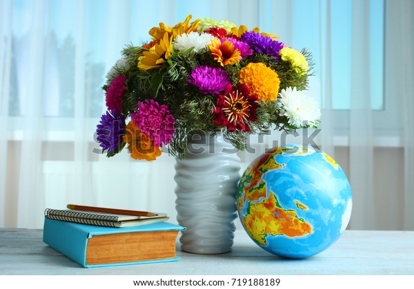 Bouquet Beautiful Flowers Vase Globe Books Stock Photo Edit Now