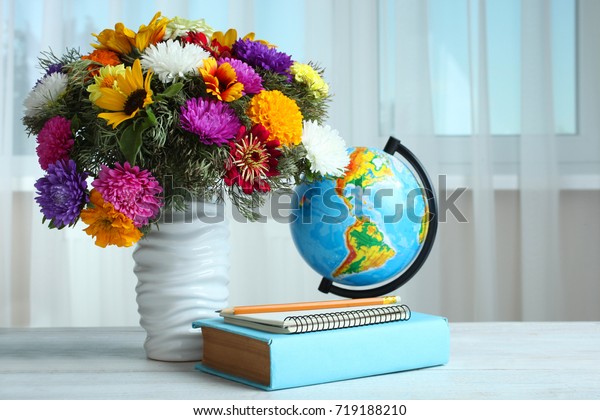 Bouquet Beautiful Flowers Vase Globe Books Stock Photo Edit Now