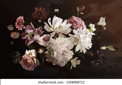 Bouquet of beautiful garden flowers on black background. Vintage.