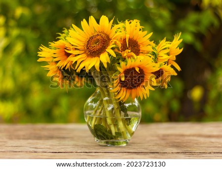 bouquet of beautiful yellow sunflower flowers in a glass vase on an old rustic wooden table in the garden