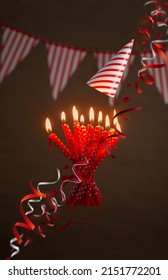 Bouquet Of Birthday Burning  Candles On Dark Background