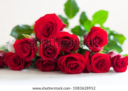 Bouquet of blossoming dark red roses lying on the table. Clear background. Valentine's Day love gift.