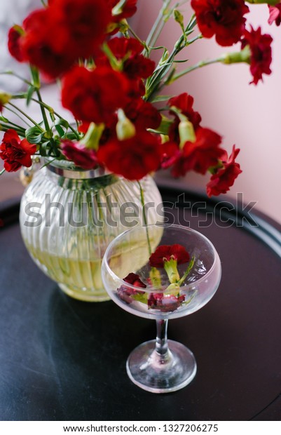 Bouquet Burgundy Carnations Glass Vase Martini Stock Photo Edit