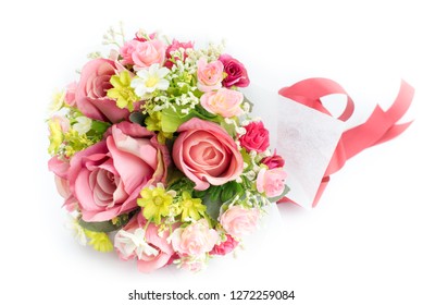 Bouquet Of Colorful Fake Flowers, Isolated On White Background.