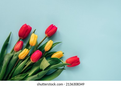 Bouquet of colorful red and yellow tulip flowers on blue background. Spring holidays concept. Top view, flat lay, copy space