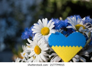 Bouquet Of Daisies And Cornflowers And Yellow-blue Heart. Selective Focus, Copy Space. Patriotic Gift, Gratitude From Ukraine. Faith And Hopes For Revival, Wishes For Peace In Ukraine