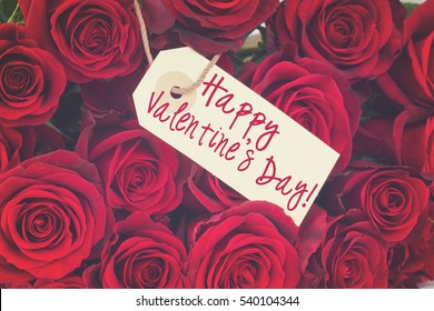 Bouquet Of Dark Red Luxury Roses Close Up With Happy Valentines Day Tag, Retro Toned