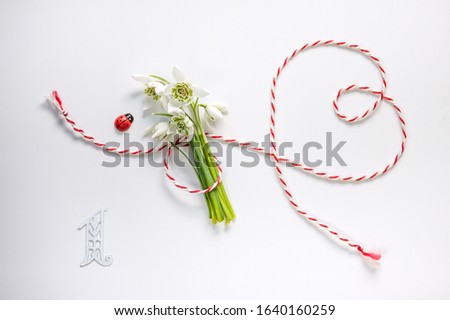 Bouquet of delicate snowdrops on white background with red and white string. First of march celebration Martisor concept. Soft focus