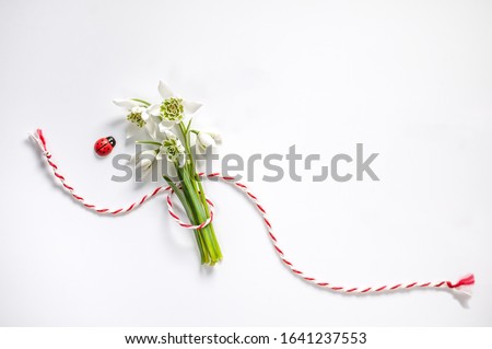 Bouquet of delicate snowdrops on white background with red and white rope. First of march celebration Martisor concept. Soft focus, copy space.