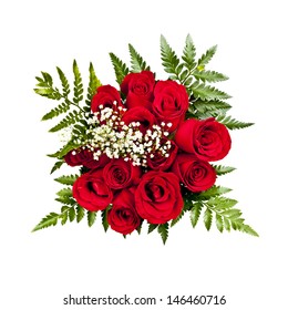 Bouquet Of A Dozen Red Roses From Above On White Background