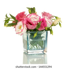 Bouquet Of Eustoma Flowers In Vase Isolated On White