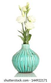 Bouquet Of Eustoma Flowers In Vase Isolated On White