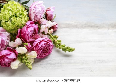 Bouquet of flowers, copy space. Blank space for greetings.