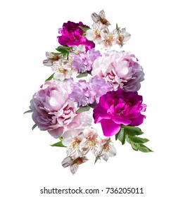 Bouquet Of Flowers Isolated On A White Background. Beautiful Photo Collage For Floral Design And Card Celebration.