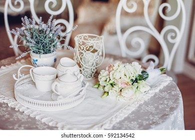 Bouquet Of Flowers Laying On The Table Vintage Provence Interior