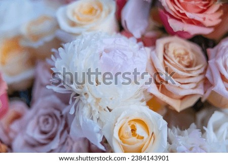 Bouquet of Flowers on Porch - Roses, Peony - White, Peach, Pink, Blush, Orange, Yellow, Green, Mauve - Wedding, Ceremony, Reception, Bokeh, Blur, Background, Backyard, Afternoon, Sunny, Arrangement