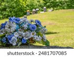 A bouquet of flowers rests on top of a gravestone in memorial of a pioneer of the area in an old cemetery, with other gravestones in the background on a bright sunny day in Muskoka, Ontario.