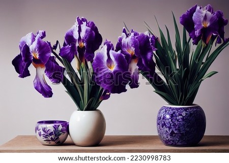 A bouquet of fresh flowers. a couple of vases with iris flowers in them on a table with a purple background and a white vase with purple flowers. High quality photo