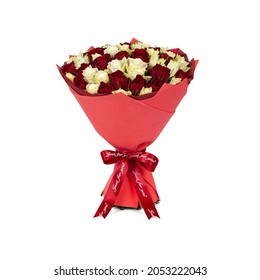 Bouquet Of Fresh White And Red Flowers Wrapped In Paper Isolated On Whaite Background.