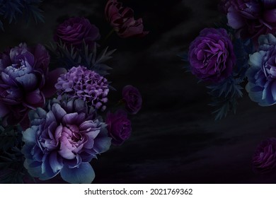 Bouquet Garden Peonies, Roses, Tulips. Flower Greeting Card With Space For Text. Floral Creative Layout on Black Background. Flowers, Leaves and Decorative Plants. Nature concept. Nature Trendy Design