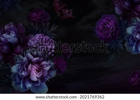Bouquet Garden Peonies, Roses, Tulips. Flower Greeting Card With Space For Text. Floral Creative Layout on Black Background. Flowers, Leaves and Decorative Plants. Nature concept. Nature Trendy Design