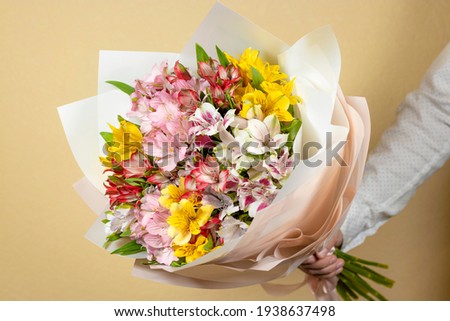 bouquet from multi-colored flowers in male hand. Gift multicolored alstroemerias, pink, yellow, purple, white and red alstroemerias. Soft focus