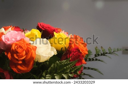 A bouquet of multicolored roses on a dark background, with a slight vignetting.