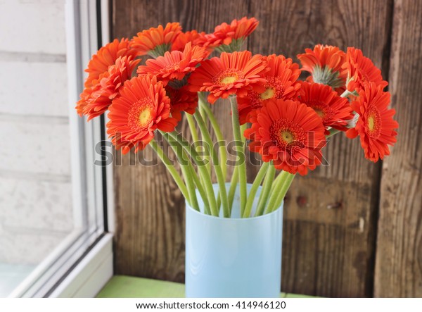 Bouquet of orange gerbera daisies in a vase on a\
window, natural\
daylight
