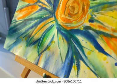 Bouquet Of Orange Roses In A White Vase Watercolor Painting. Bright Blue Shadows On The Table. Matisse Style Fauvism