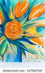 Bouquet Of Orange Roses In A White Vase Watercolor Painting. Bright Blue Shadows On The Table. Matisse Style Fauvism