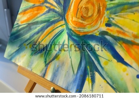 Bouquet of orange roses in a white vase watercolor painting. Bright blue shadows on the table. Matisse style fauvism