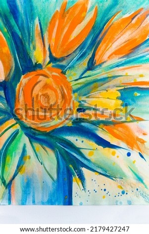 Bouquet of orange roses in a white vase watercolor painting. Bright blue shadows on the table. Matisse style fauvism