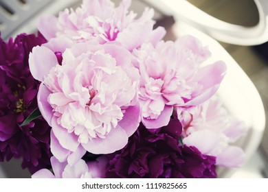 Bouquet of pink and burgundy peonies in a vase, close up
