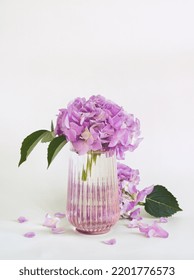 Bouquet Of Pink Hydrangea Flower In  Glass Vase On Light Background. Pink Hornesia Flower Bunch With Pink Petals As Home Decoration. Minimalist Floral Concept. Pink Aesthetic. Vertical Flower Layout