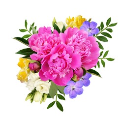 Bouquet Of Pink Peonies And Colorful Flowers Isolated On White
