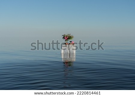 A bouquet of pink peonies in a glass vase and a glass of red wine on a table covered with a white tablecloth and standing in the center surrounded by lake water. A gentle and relaxing composition.