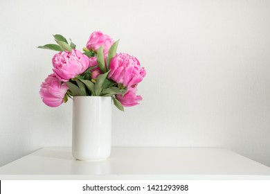 Bouquet Of Pink Peony Flowers In Vase On White Table. Copy Space For Text. Mothers Day. 8 March. Greeting Card.