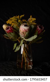 Bouquet of protea flowers and fynbos against black background, painterly style.
