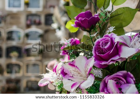Bouquet of purple artificial flowers against the burial niches at Poblenou Cemetery in Barcelona, Spain. Spanish cemeteries have a system where a coffin is inserted in niche, rather than ground.