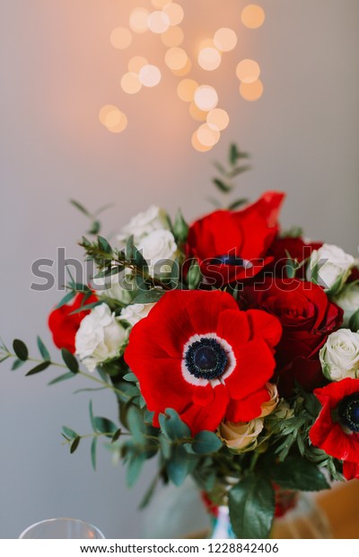 Bouquet Red Poppies White Roses Glass Stock Photo Edit Now