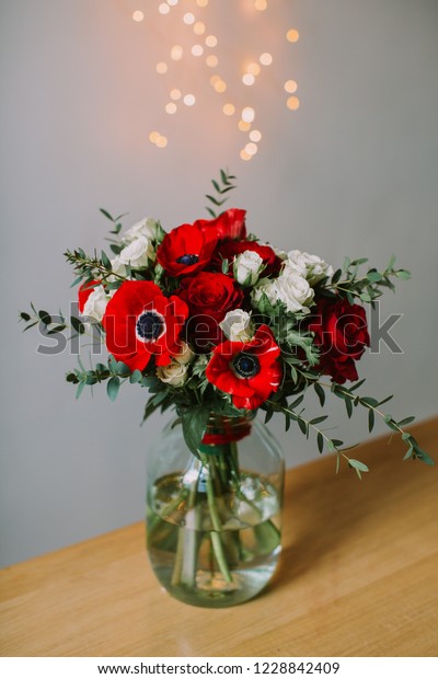 Bouquet Red Poppies White Roses Glass Stock Photo Edit Now