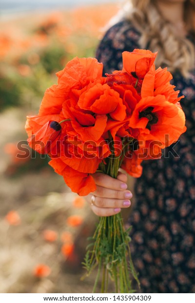 Bouquet Red Poppy Hands Girl Blue Stock Photo Edit Now