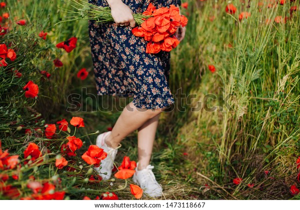 blue dress with red poppies