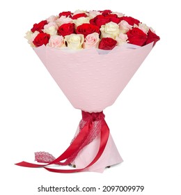 Bouquet Of Red And White Roses In Pink Paper Cone With Ribbon Isolated On White Background.