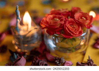Bouquet of roses, candles and gifts, card for February 14, St. Valentine, March 8, wedding, birthday, mother's day, blurred background, bokeh.