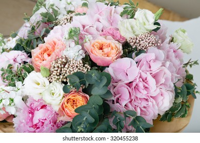 Bouquet Of Roses, Hydrangea And Eucalyptus